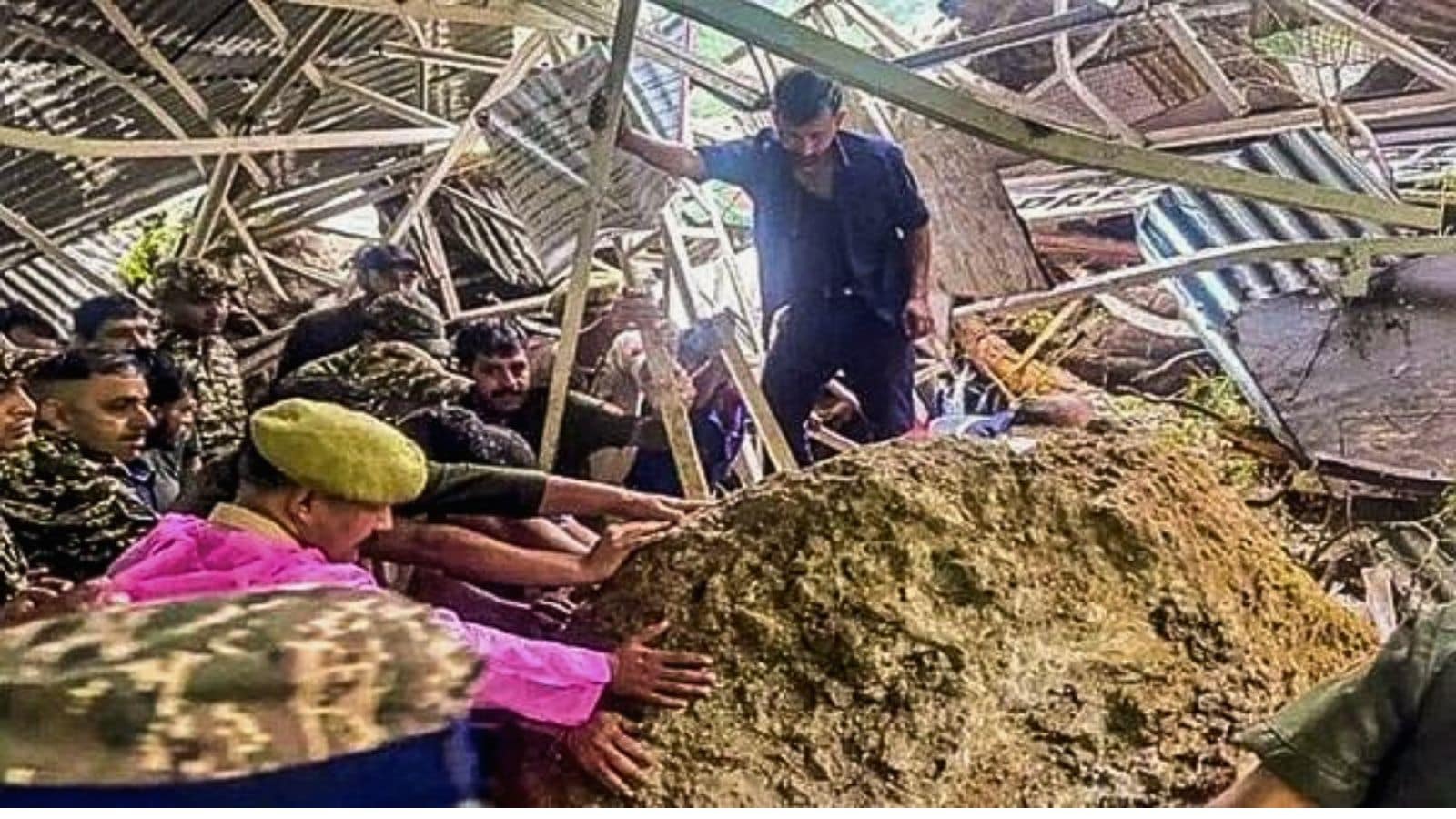 Security personnel at the site as five dead, 14 injured in landslide on route to Vaishno Devi shrine, in Katra of Reasi district.