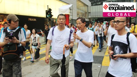 Jimmy Lai (second from left) at an earlier protest in Hong Kong.