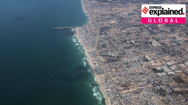 Tents on the seashore and surrounding areas of the Gaza Strip are seen from a Jordanian Air Force C-130 plane during an airdrop of humanitarian aid.