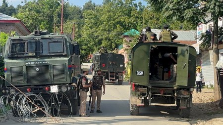Security personnel during the ninth day of one of the anti-terror operations in Kashmir's Kulgam