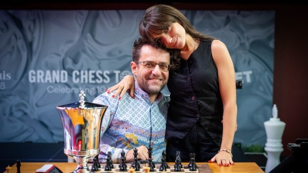 Levon Aronian with wife Ani. (Lennart Ootes via Saint Louis Chess)