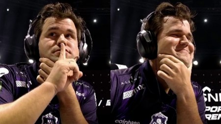 Magnus Carlsen in action during EWC 2025 semifinal against Hikaru Nakamura. (EWC/X)