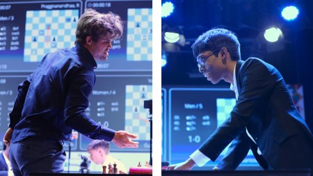 File images of Magnus Carlsen and R Praggnanandhaa at the Tata Steel Rapid and Blitz tournament in Kolkata. (Express Photos by Partha Paul)