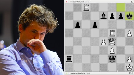 At this juncture, Magnus Carlsen played a move so good that it made Sergey Karjakin resign in two seconds. It was the final move of the 2016 World Chess Championship. (Photos: Partha Paul/Express Photo, Lichess)