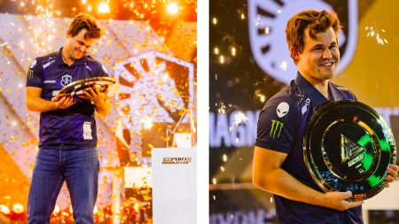 Magnus Carlsen reacts after winning the inaugural chess event at the Esports World Cup in Riyadh. (PHOTOS: Carlsen and Team Liquid X)