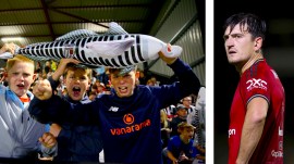 (LEFT) Young Grimsby Town fans celebrate with a fish after their club stunned Manchester Unitedat Hill Blundell Park in Grimsby; (RIGHT) Manchester United's Harry Maguire reacts during the English League Cup second round football match against Grimsby Town. (PHOTOS:PA via AP)