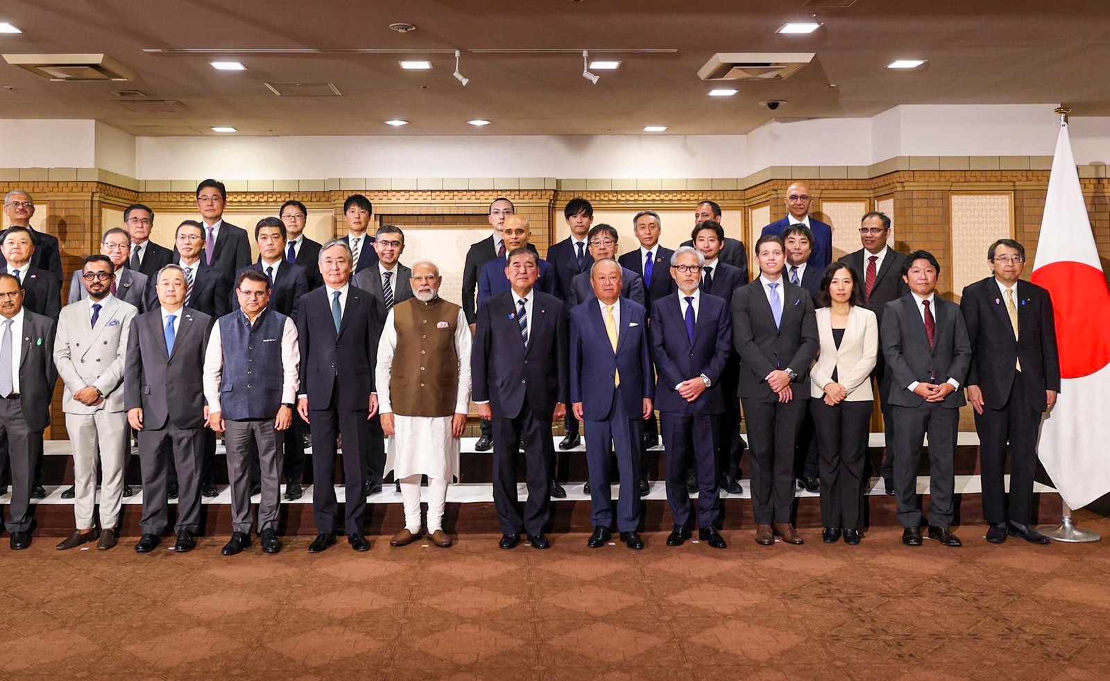 Prime Minister Narendra Modi with his Japanese counterpart Shigeru Ishiba and other dignitaries during the India-Japan Economic Forum in Tokyo