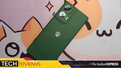 Motorola G96 in Greener Pasture finish with faux leather back. (Image: Anurag Chawake/The Indian Express)