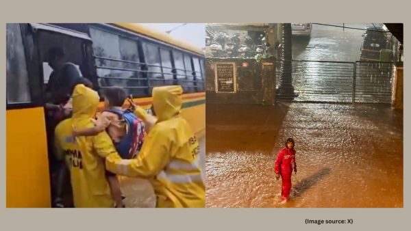 Mumbai rain: The viral clip shows the Mumbai Police team navigating through the knee-deep water, carrying one kid at a time, and taking them to a safe place (Image source: X)