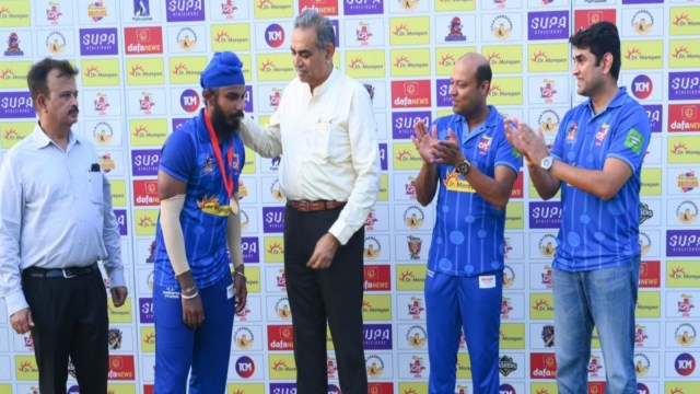 Man of the match Jaskirat Singh Mehra of Capital Strikers, who took four wickets, gets the award in Dr Morepen’s Chandigarh Premier League being organised by UTCA in Sector 16 Stadium on Thursday