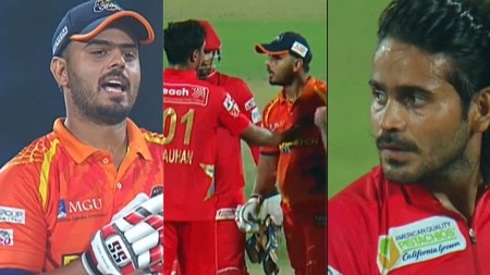 Nitish Rana and Digvesh Rathi engaged in an ugly altercation during DPL Eliminator match. (Screengrab - Delhi Premier League/X)