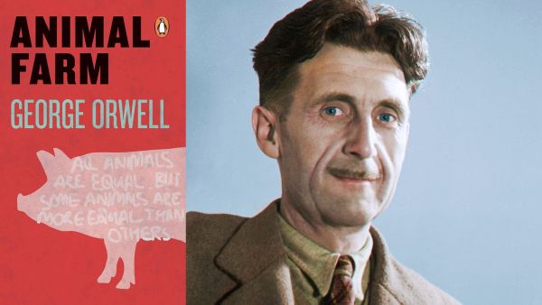 The book cover of Animal Farm with the photograph of George Orwell, its author 