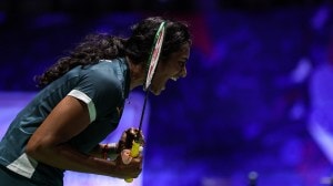 PV Sindhu celebrates her Round of 16 victory over World No.2 Wang Zhi Yi at BWF World Championships 2025. (PHOTO: BWF / Badminton Photo)