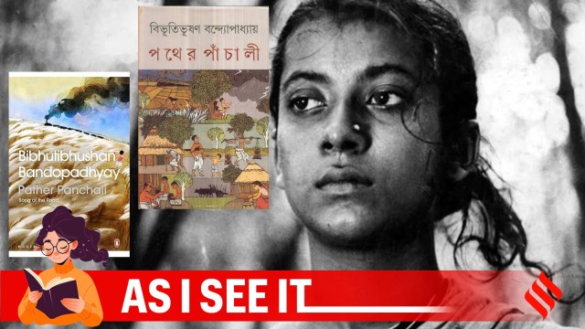 Uma Dasgupta in a still from the original Pather Panchali and covers of the novel by Bibhutibhushan Bandopadhyay.