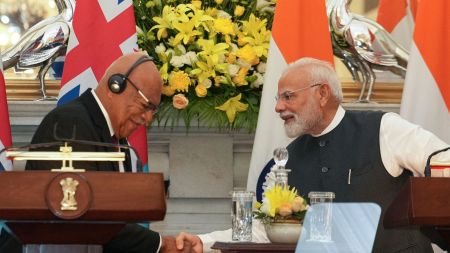 Prime Minister Narendra Modi with his Fijian counterpart Sitiveni Rabuka during a joint press statement after their meeting at the Hyderabad House, in New Delhi, Monday, Aug. 25, 2025.