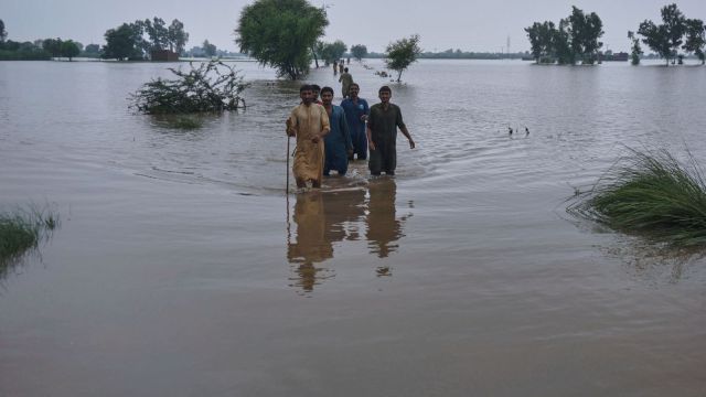 Villagers wade through a flooded area after torrential rains and rising water level in the rivers due to water release from Indian dams, in Pindi Bhattian, Pakistan