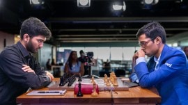 In a match that lasted 36 moves in just under four hours in Missouri, Praggnanandhaa took an early lead after the first round, beating Gukesh. (Crystal Fuller via Saint Louis Chess)