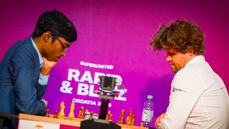 India's R Praggnanandhaa takes on Magnus Carlsen in a SuperUnited Rapid and Blitz Croatia game earlier this year in Zagreb. (PHOTO: Lennart Ootes/ Grand Chess Tour)