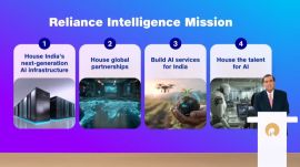 Mukesh Ambani unveils plans for AI services across education, healthcare, and agriculture. (Express Image/YouTube)