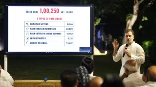 Congress MP Rahul Gandhi shows a presentation to leaders of Opposition parties claiming a voter fraud in Mahadevapura