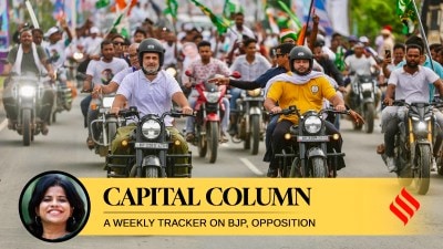 Leader of Opposition in the Lok Sabha Rahul Gandhi and RJD leader Tejashwi Yadav ride motorcycles during the Voter Adhikar Yatra in Bihar