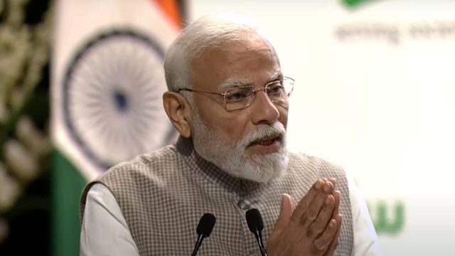 Prime Minister Narendra Modi speaks during the M.S. Swaminathan Centenary International Conference, in New Delhi, Thursday, Aug. 7, 2025.