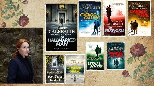 The book covers of the eight titles under The Cormoran Strike series penned by JK Rowling writing under the pseudonym Robert Galbraith. The upcoming book is called The Hallmarked Man.