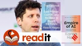 Creator of ChatGPT Sam Altman with the covers of books Empire of AI and The Optimist