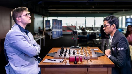 USA's Sam Sevian in action against India's Praggnanandhaa in the 4th round of the Sinquefield Cup 2025. (Grand Chess Tour/Crystal Fuller)