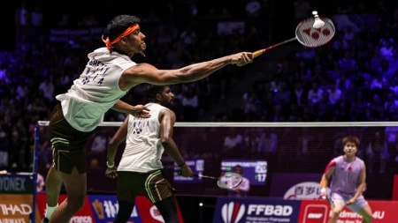 Satwik-Chirag in action during their round of 16 match at the BWF Badminton World Championships 2025. (Photo: BWF/BadmintonPhoto)