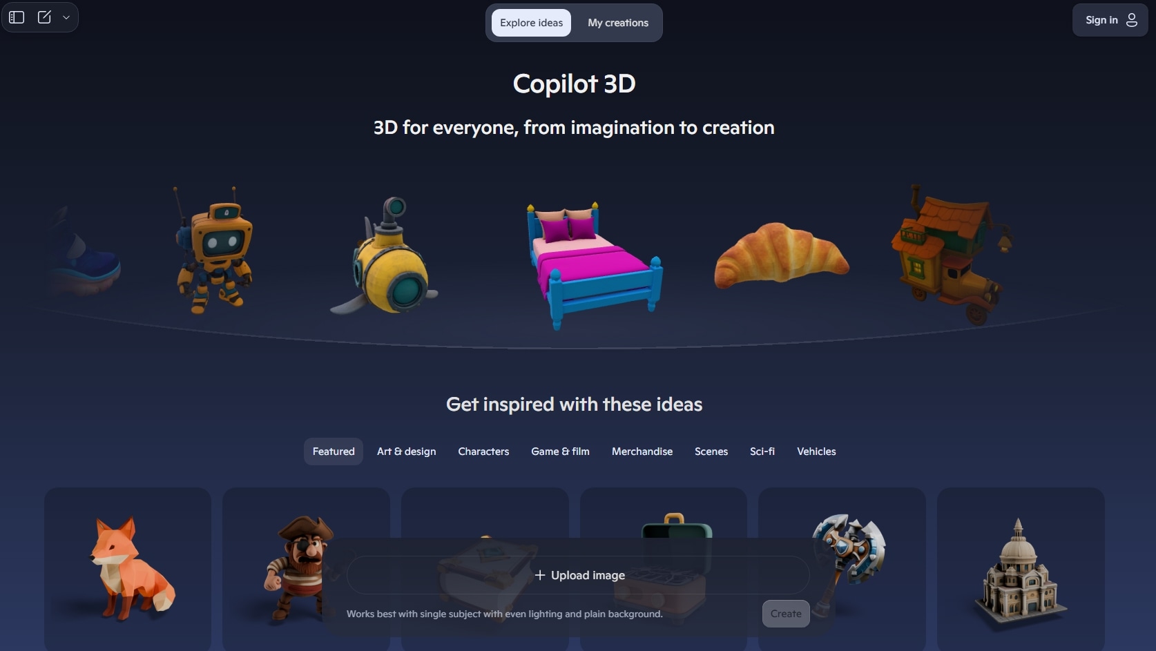 All you need to do is upload an image and Copilot 3D will do the rest.