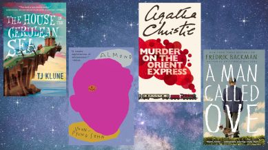 The covers of books that are comfort reads including The House on the Cerulean Sea by TJ Klune, Wonder by RJ Palacio, Murder on the Orient Express by Agatha Christie, A Man Called Ove by Fredrik Backman & Almond by Sohn Won-Pyung