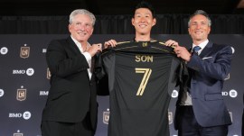 Son Heung-min is introduced as a new member of Los Angeles FC during a press conference for the MLS soccer team Wednesday, Aug. 6, 2025, in Los Angeles. (AP Photo)