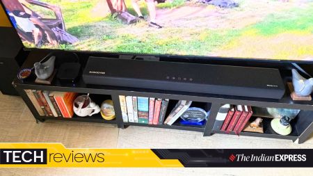 The Sonodyne Sama 5000 and its wireless subwoofer bring immersive Dolby Atmos sound to your living room setup. (Image: Nandagopal Rajan/The Indian Express)