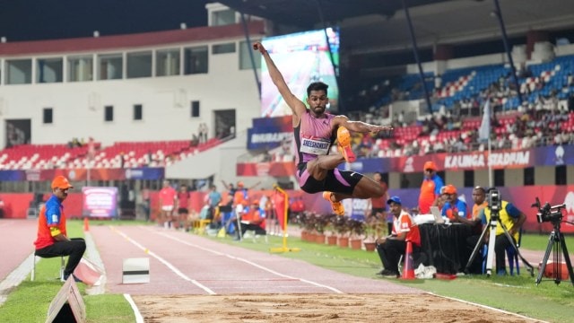 Sreeshankar Murali during his men's lon jump event at the World Athletics Continental Tour competition, in Bhubaneswar, Odisha. (Express Photo by Pritish Raj)