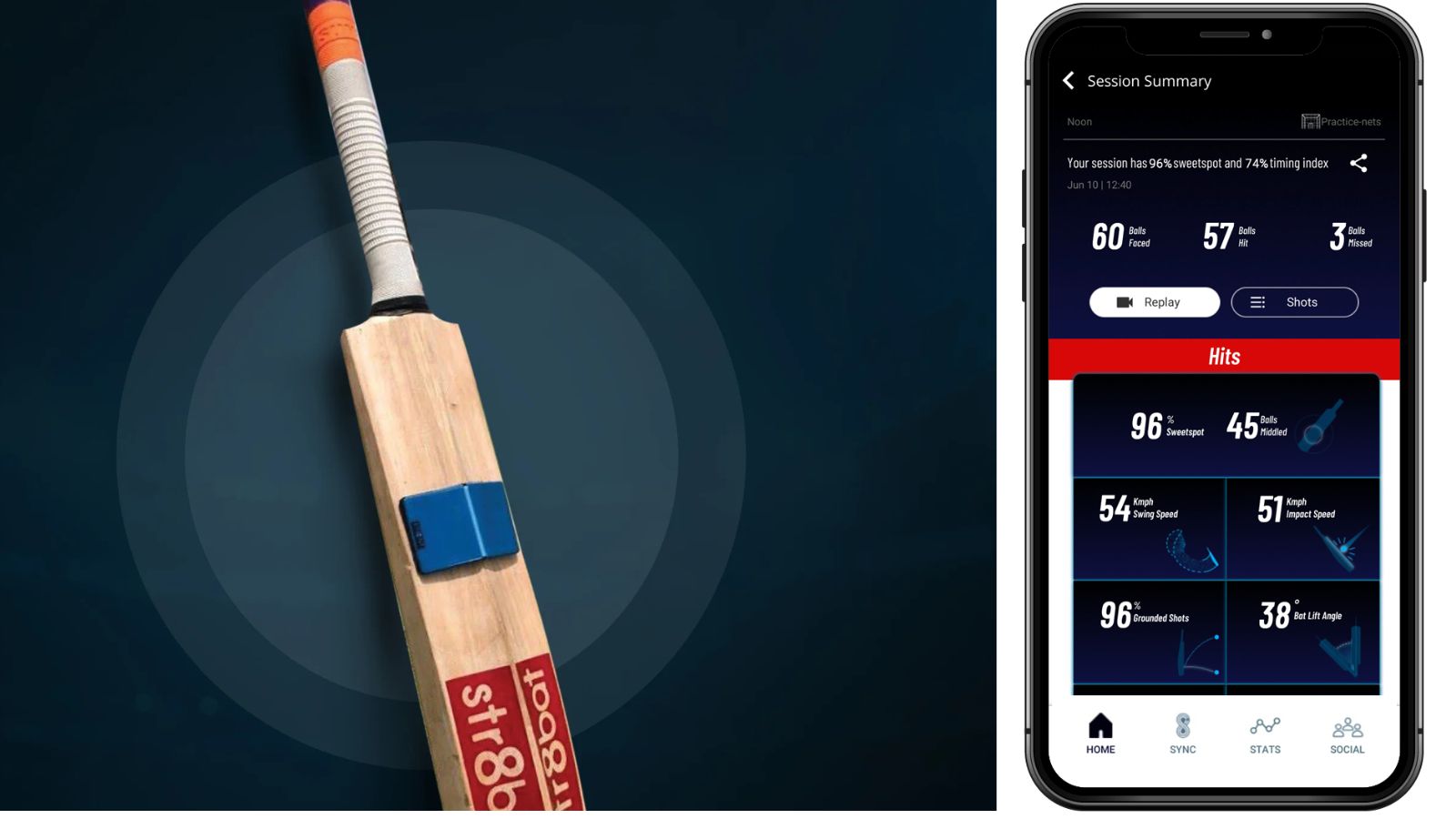 The lightweight str8bat sensor on a cricket bat (left) and its app interface.