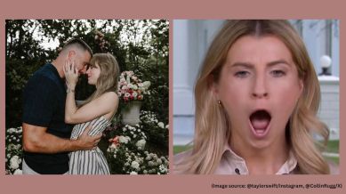 Rinaldi was reporting live from outside the White House on August 26, when she received the breaking news of Taylor Swift's engagement (Image source: @taylorswift/Instagram, @CollinRugg/X)