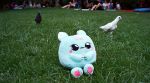 Grem, a smiling plushie with a WiFi-enabled voice box, is displayed for a photo in an incongruous setting in New York on July 26, 2025.