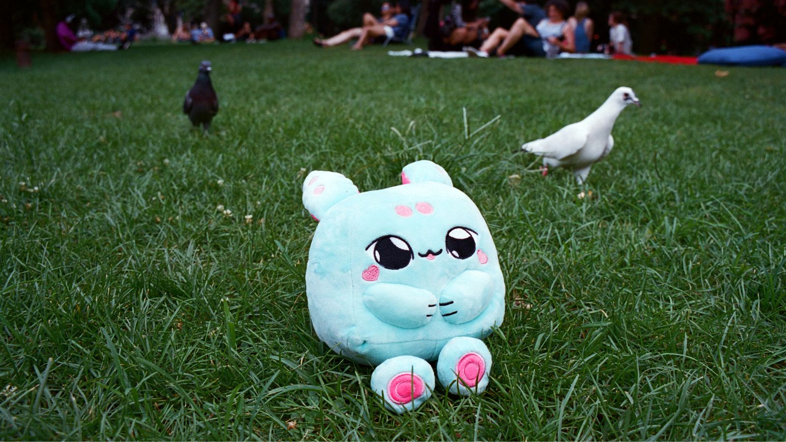 Grem, a smiling plushie with a WiFi-enabled voice box, is displayed for a photo in an incongruous setting in New York on July 26, 2025.