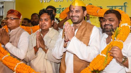 Former RJD leader Tej Pratap Yadav during a press conference after announcement of an alliance with Vikas Vanchit Insaan Party (VVIP) for the upcoming Bihar Assembly polls, in Patna, Tuesday, Aug. 5, 2025. (PTI Photo)
