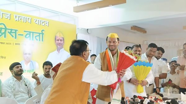 Former RJD leader Tej Pratap Yadav during a press conference after announcement of an alliance