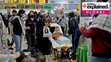 Fadi Alzant, 6, arrives with his mother from Gaza for emergency medical treatment through the Palestine Children’s Relief Fund in New York’s John F. Kennedy International Airport on May 5, 2024.