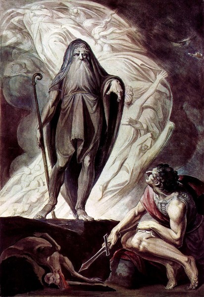 Tiresias appears to Odysseus during the nekyia of Odyssey Book XI, in this watercolor with tempera by the Anglo-Swiss Johann Heinrich Füssli, c. 1780–85.