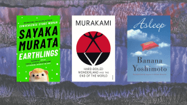 Book covers of Earthlings, Hard-Boiled Wonderland and the End of the World and Asleep superimposed on the cover of The Woman in the Dunes