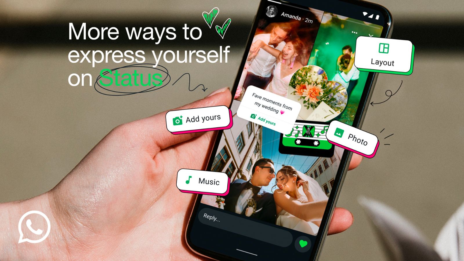 WhatsApp new status features collage and music