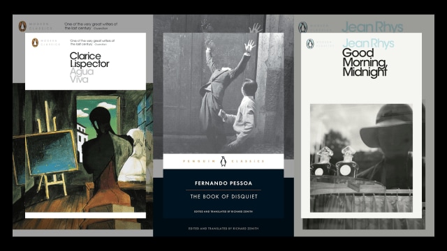 Book covers of Agua Viva, The Book of Disquiet and Good Morning, Midnight