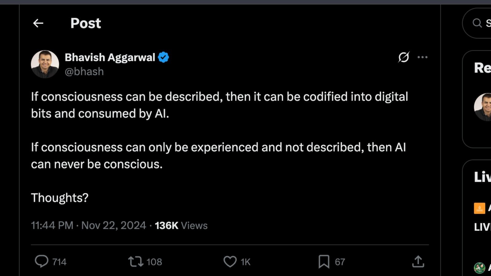 Screengrab of Aggarwal's tweet. (Image: X/Bhavish Aggarwal)