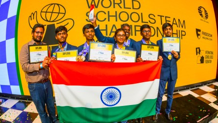 Indian players representing Velammal MHS School pose at the Closing Ceremony of the 2025 World Schools Team Championship. (PHOTO: FIDE via Michal Walusza)