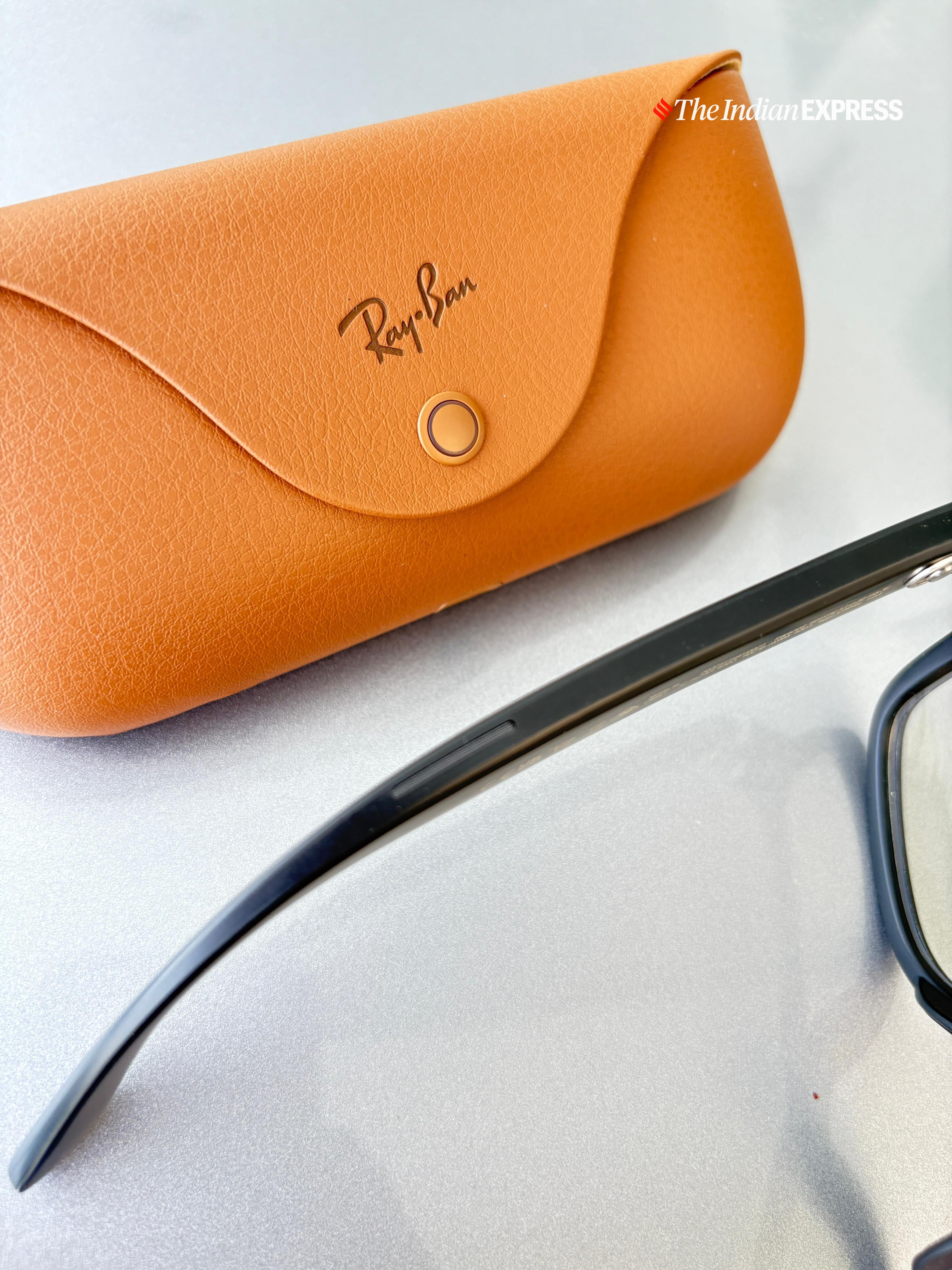 A closer look at the Ray-Ban Meta’s right temple reveals the tiny speakers, touch-sensitive controls, and the iconic Ray-Ban detailing. (Image: Bijin Jose/The Indian Express)