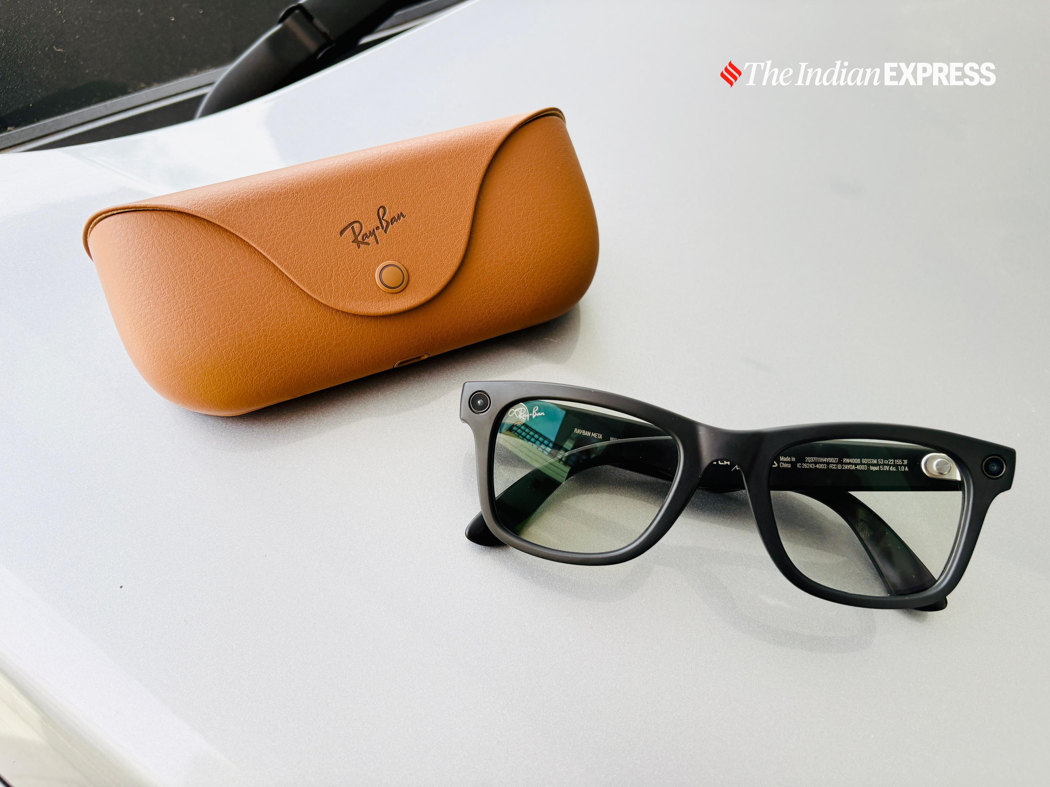  The Ray-Ban Meta smart glasses come in a stylish leather-textured charging case and sport a classic frame design with a discreet built-in camera. (Image: Bijin Jose/The Indian Express)